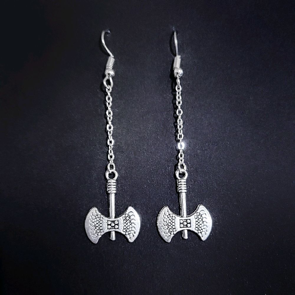 Medieval Battle Ax Chain Drop Earrings - Silver