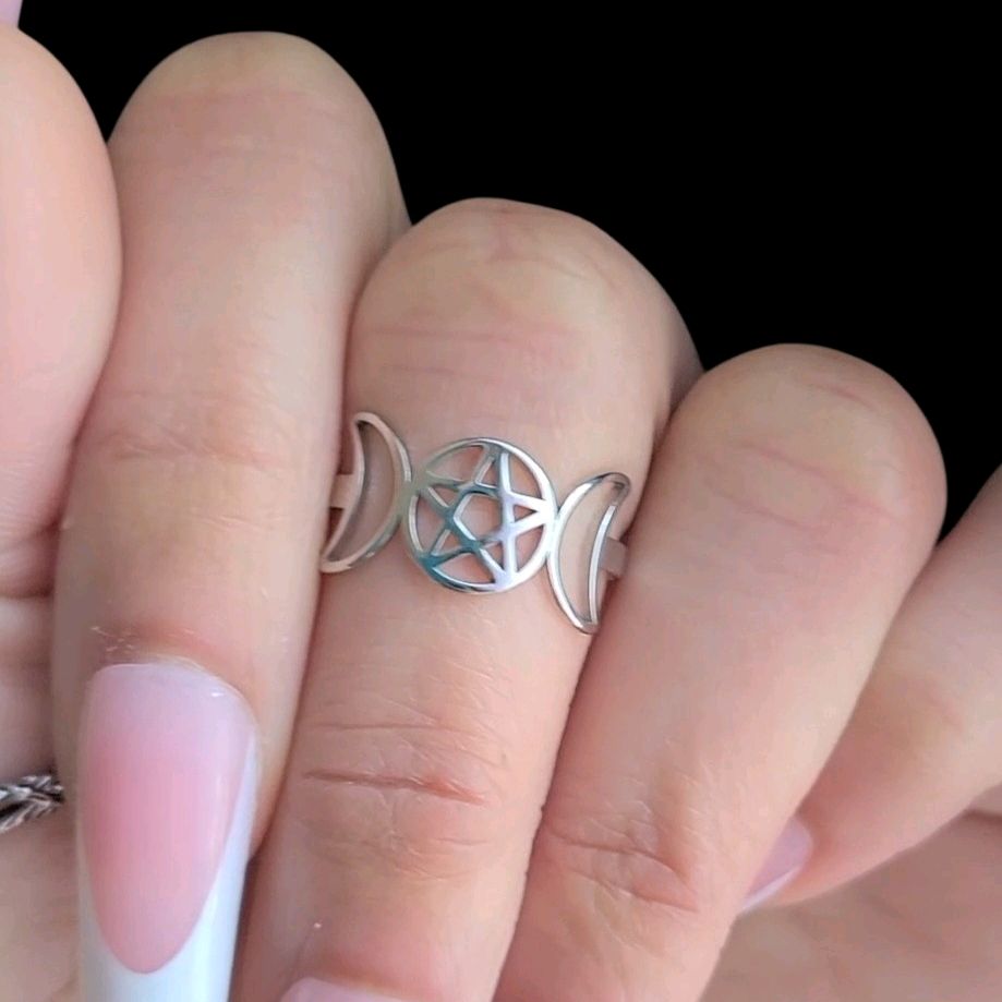 Silver Pentagram Triple Moon Ring - Stainless Steel