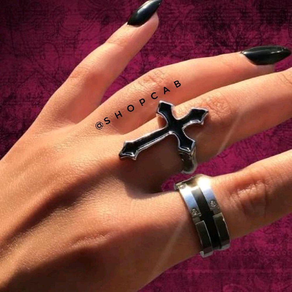 Black & Silver Cross Ring - Adjustable Size