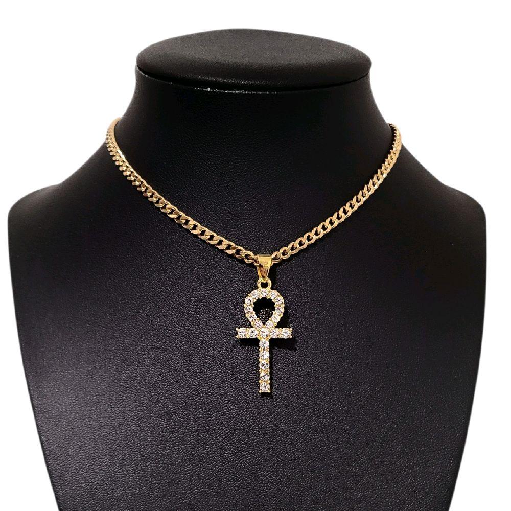 Gold Crystal Ankh Pendant Choker Necklace