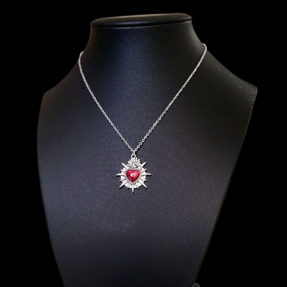 Gothic Silver Red Sacred Heart Necklace