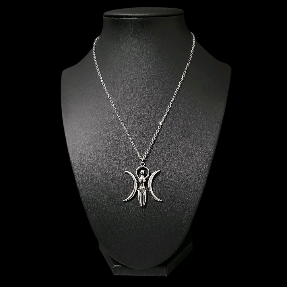 18" Silver Triple Moon Goddess Pendant Necklace