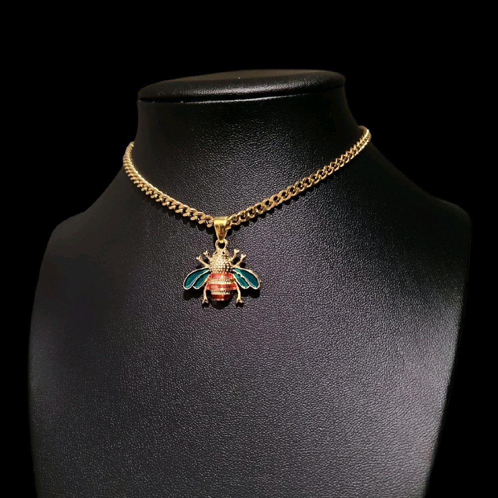 Gold Enamel Bee Pendant Choker Necklace