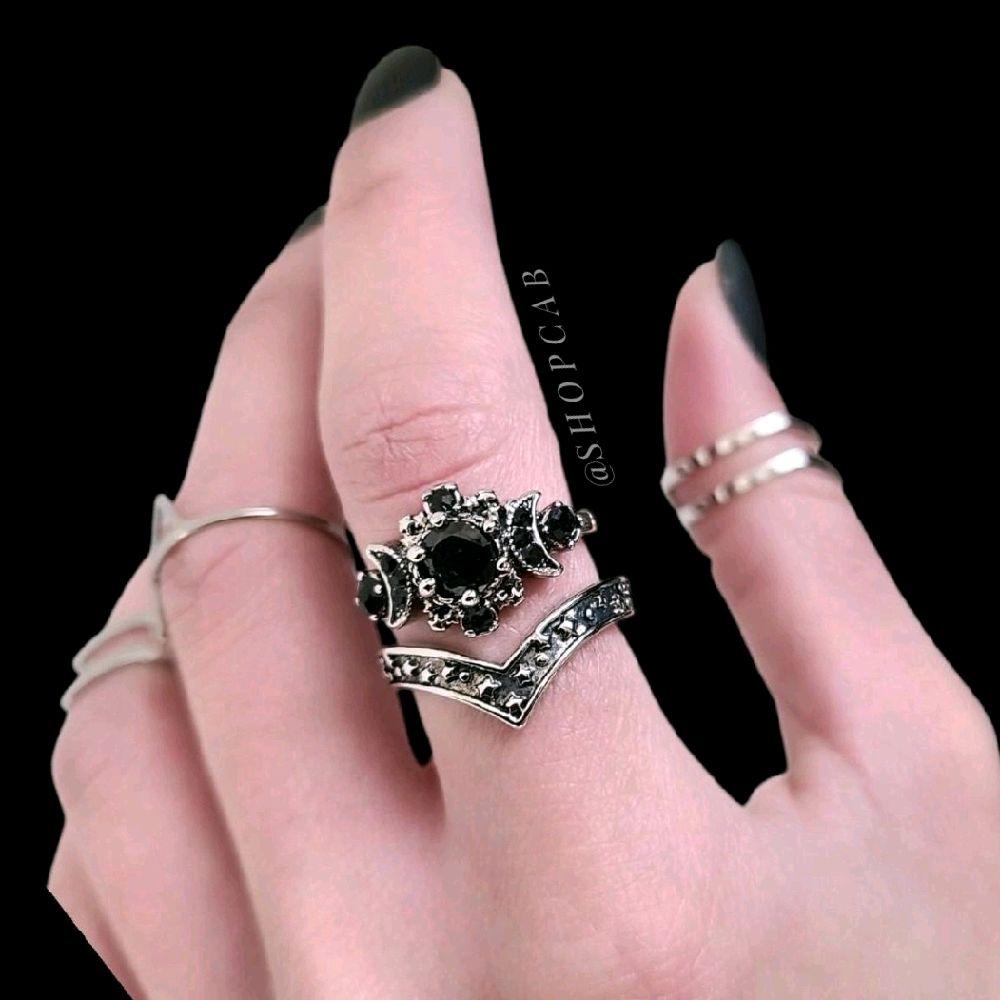 Black Crystal Triple Moon Ring Stack Set