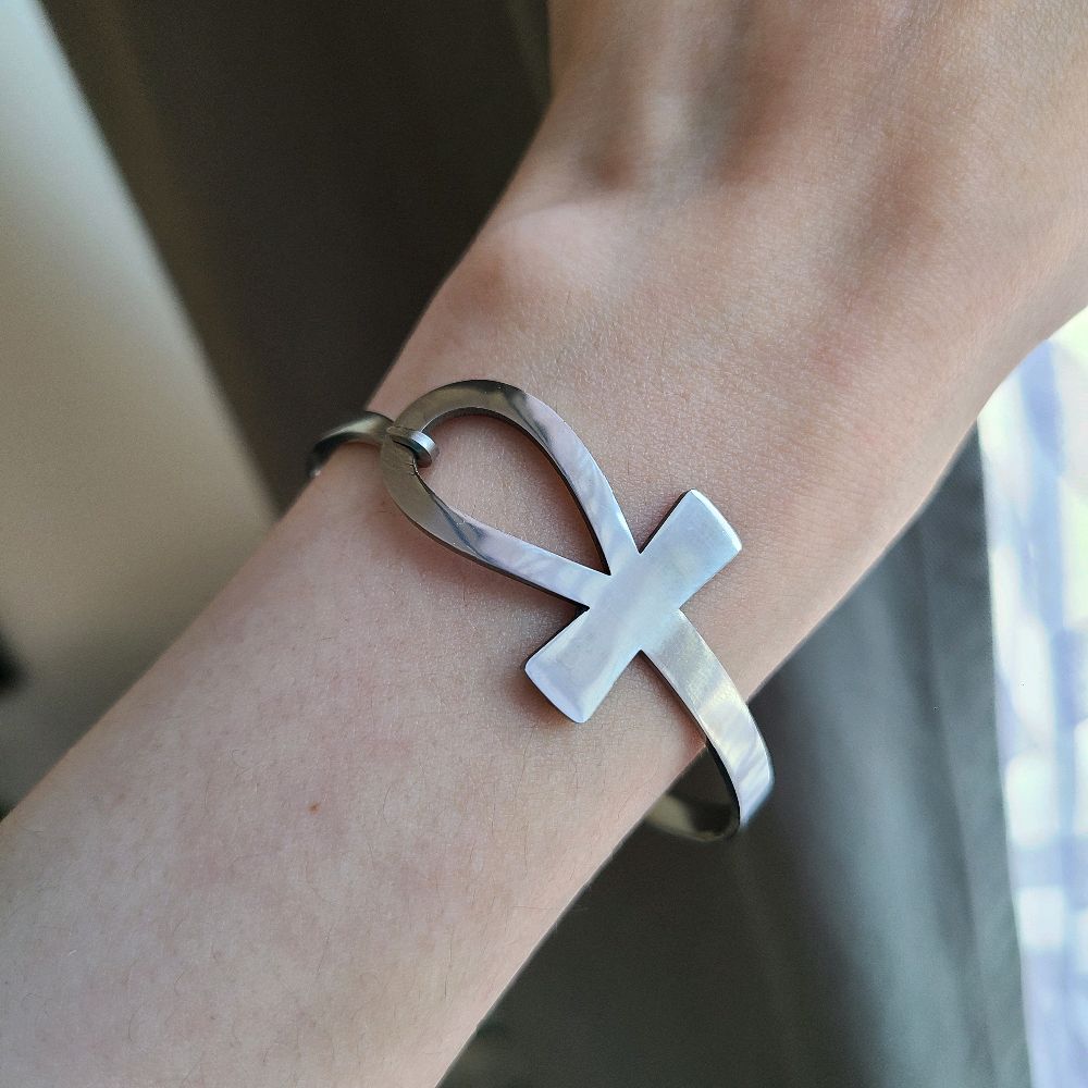 Silver Ankh Bangle Bracelet -Stainless Steel