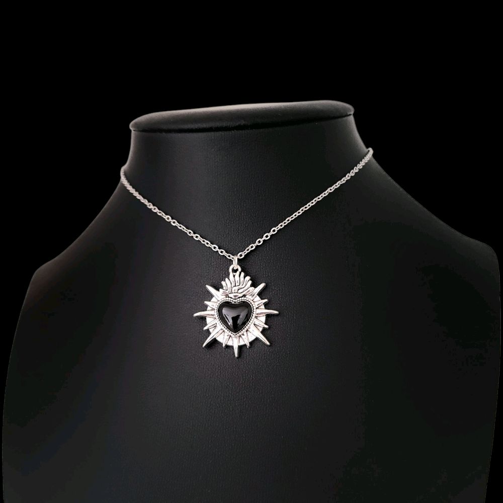 Silver Black Sacred Heart Pendant Necklace