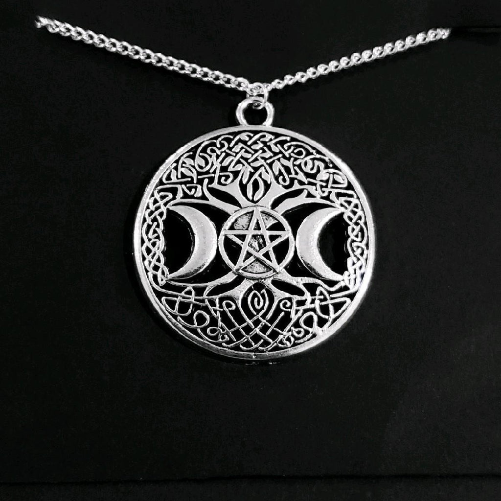 18" Silver Triple Moon Pentagram Necklace