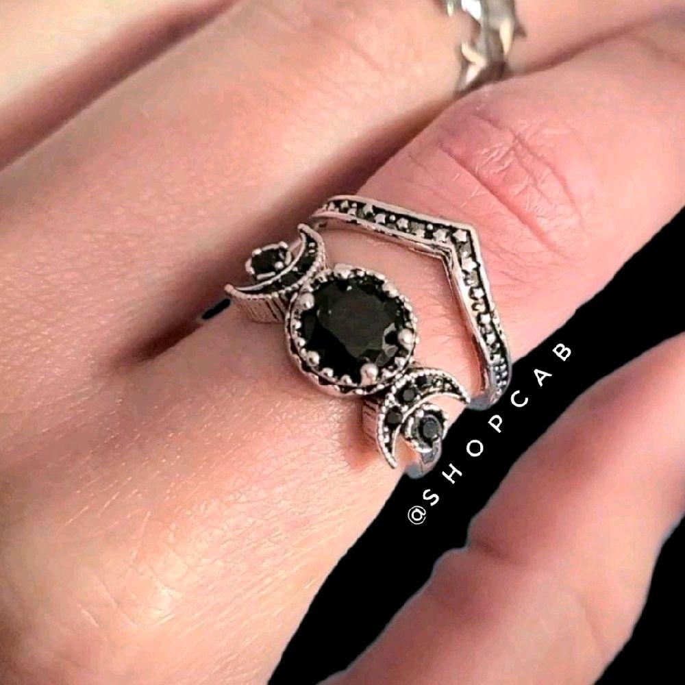 Celestial Black Silver Crystal Moon Ring Set
