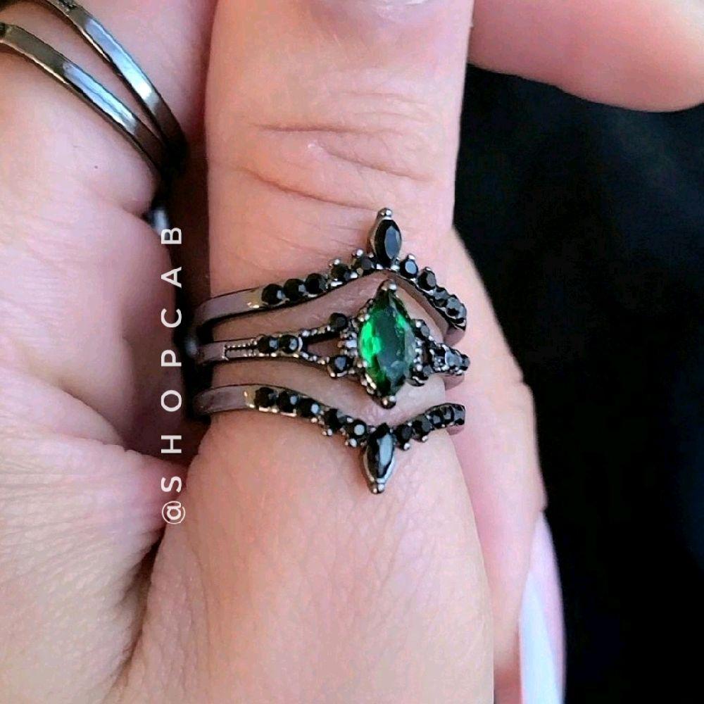 Green Marquise Gunmetal Ring Stack - 3 Piece Set