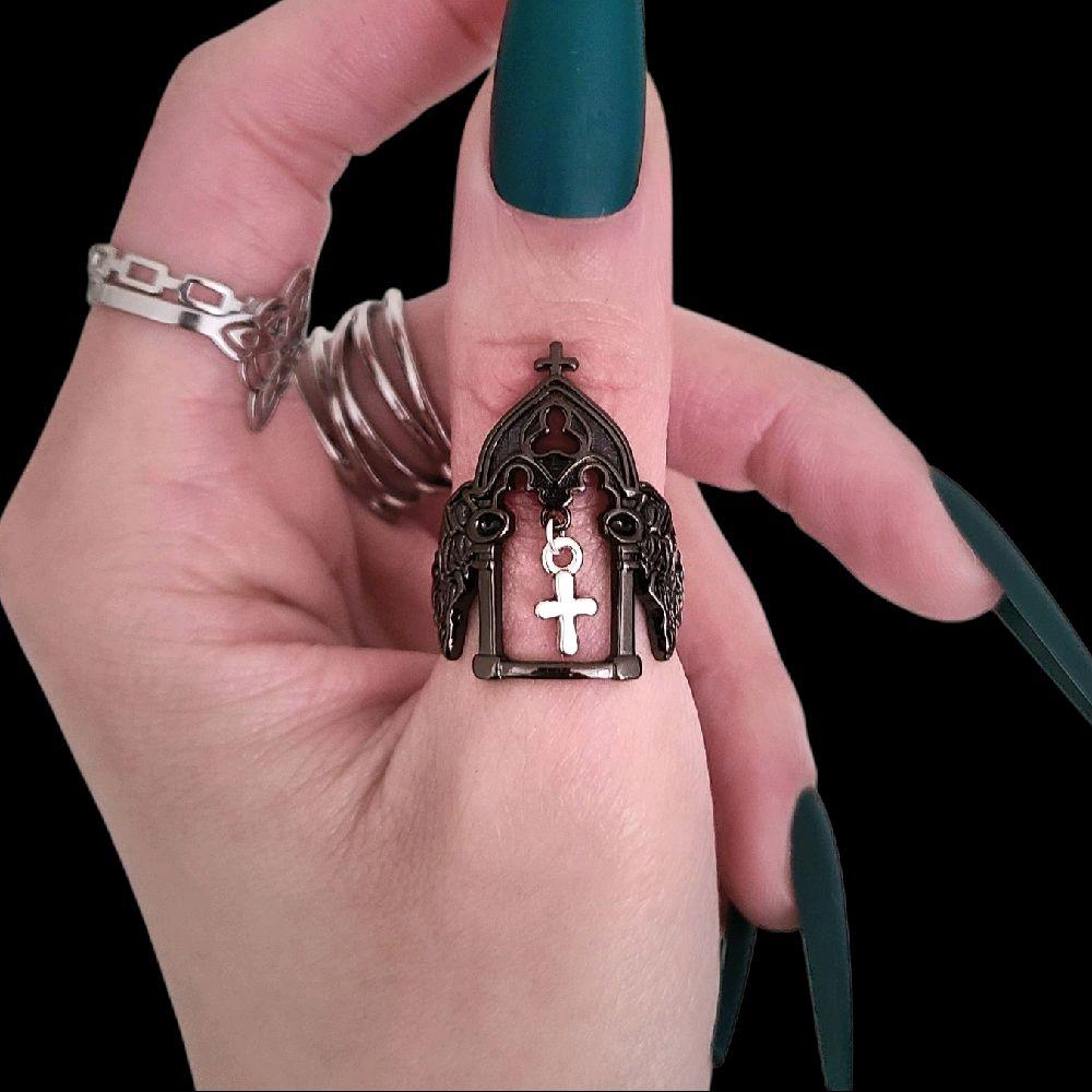 Black Silver Cross Charm Cathedral Ring