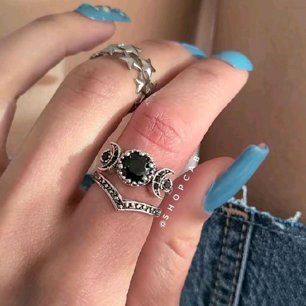 Celestial Black Silver Crystal Moon Ring Set