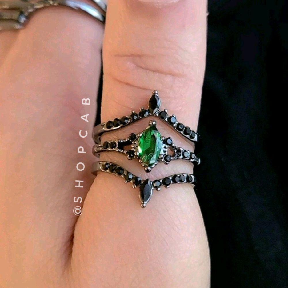 Green Marquise Gunmetal Ring Stack - 3 Piece Set