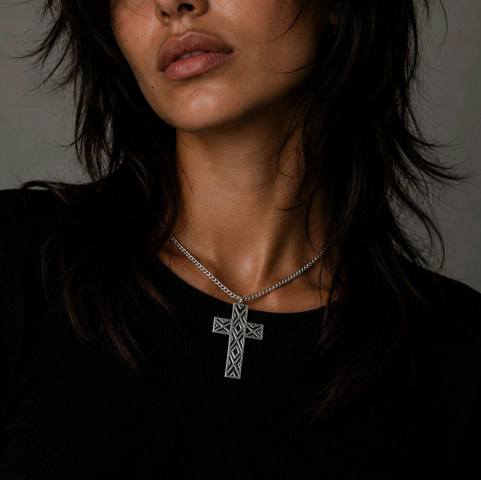 Silver Gothic Cross Choker Necklace - Stainless Steel Geometric Design