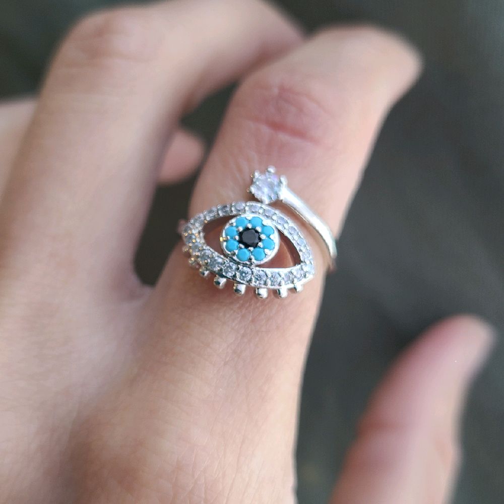 Silver Crystal Evil Eye Ring - Adjustable Size