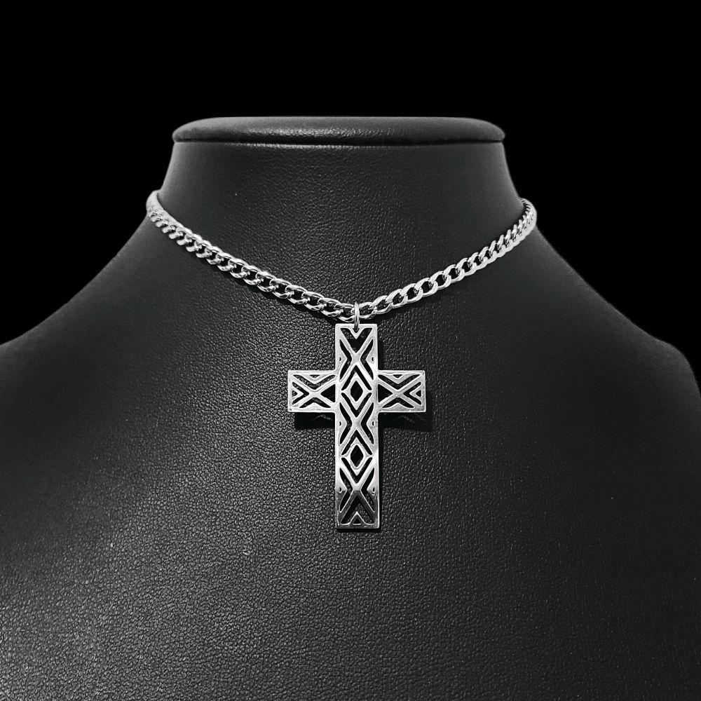Silver Gothic Cross Choker Necklace - Stainless Steel Geometric Design