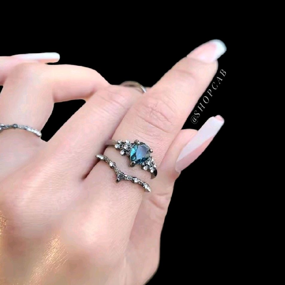 Blue Gothic Gunmetal Ring Stack Set