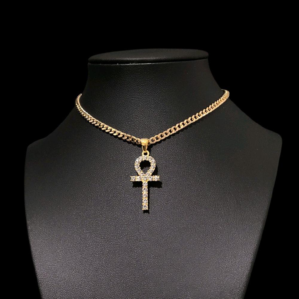 Gold Crystal Ankh Pendant Choker Necklace