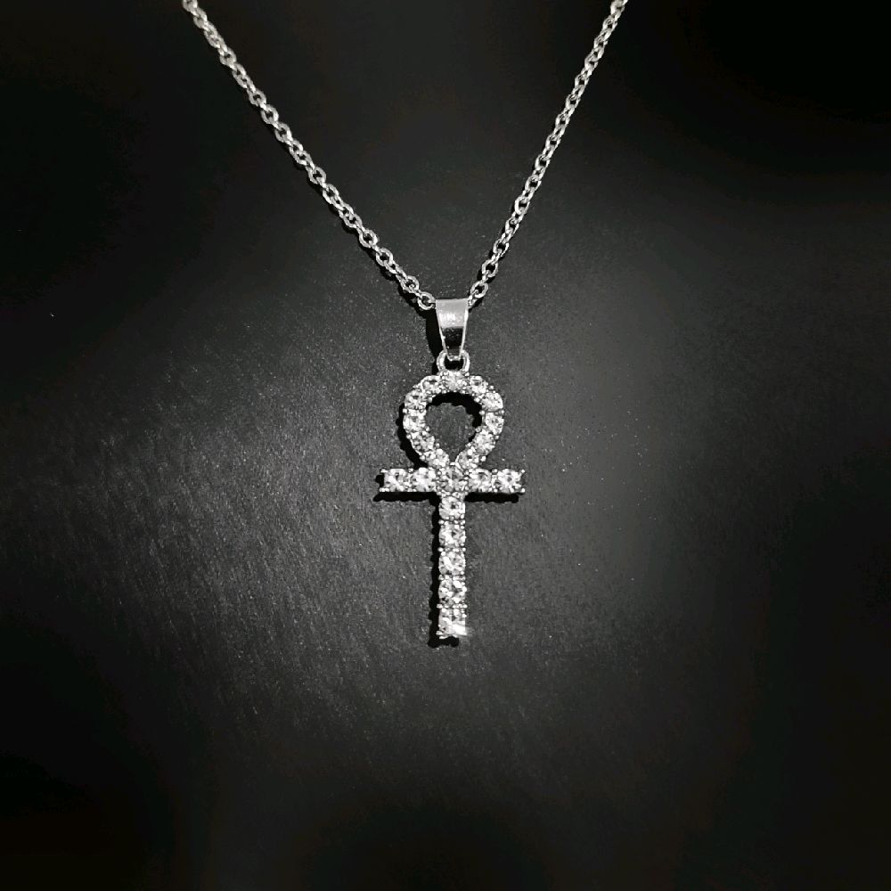 Crystal Ankh Pendant Necklace - Sparkly Silver