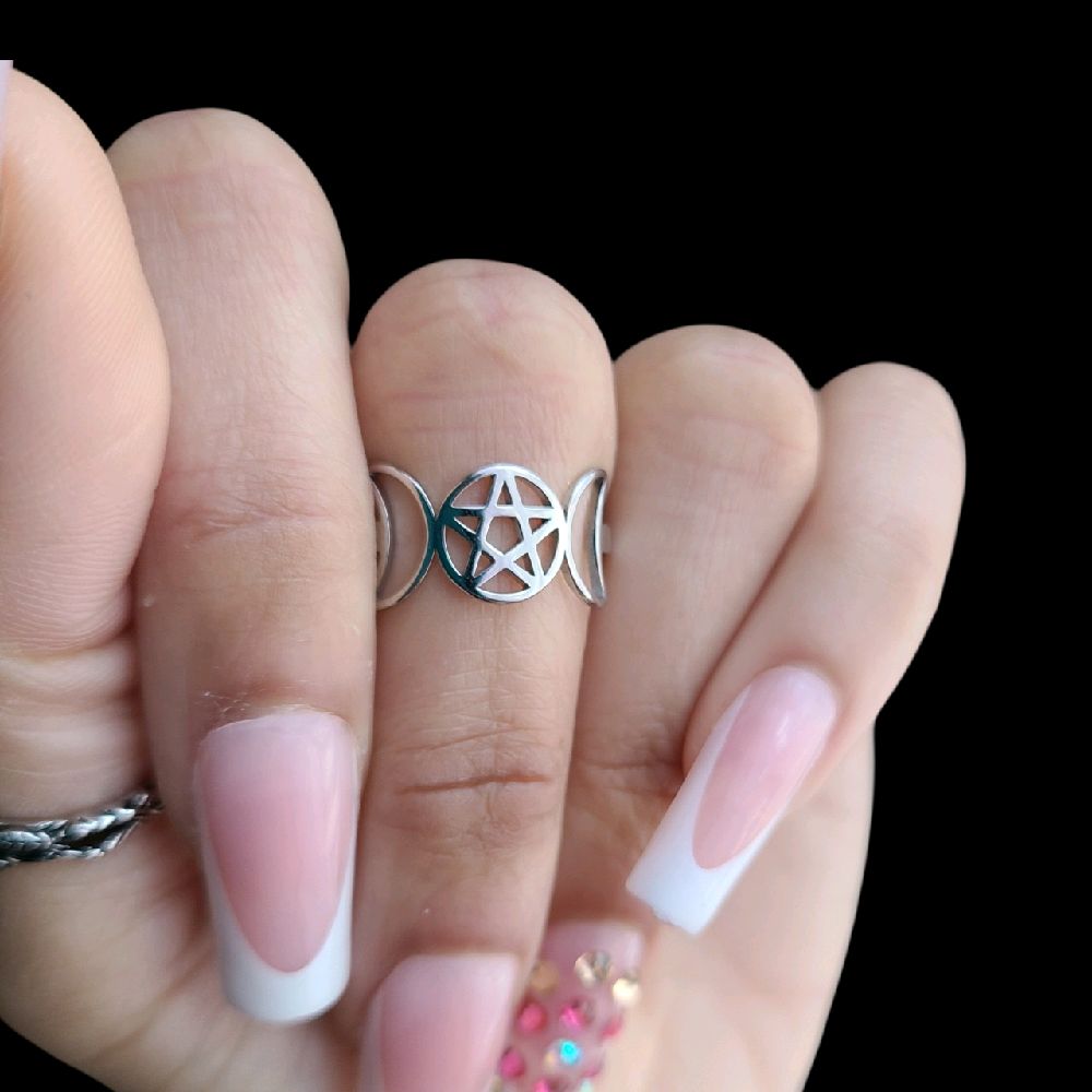 Silver Pentagram Triple Moon Ring - Stainless Steel