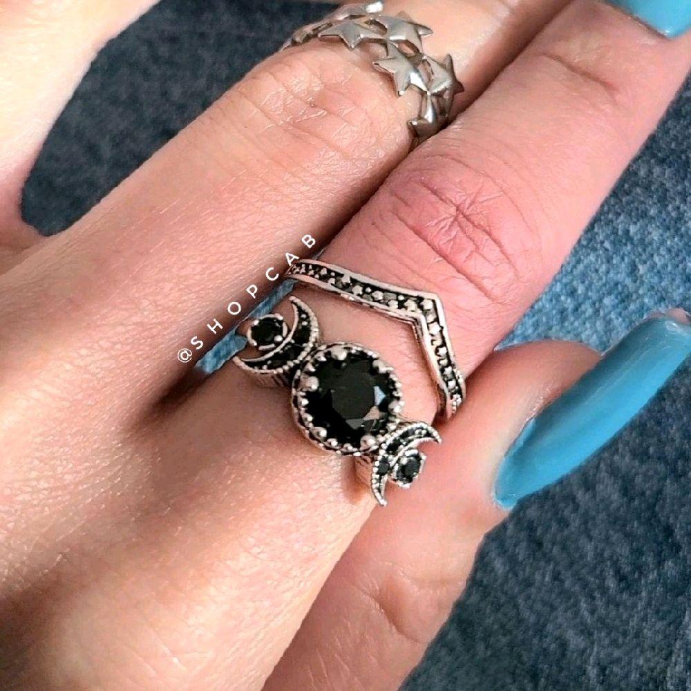 Celestial Black Silver Crystal Moon Ring Set