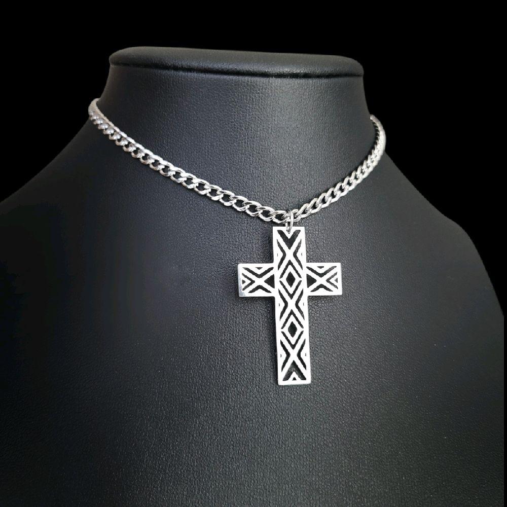 Silver Gothic Cross Choker Necklace - Stainless Steel Geometric Design