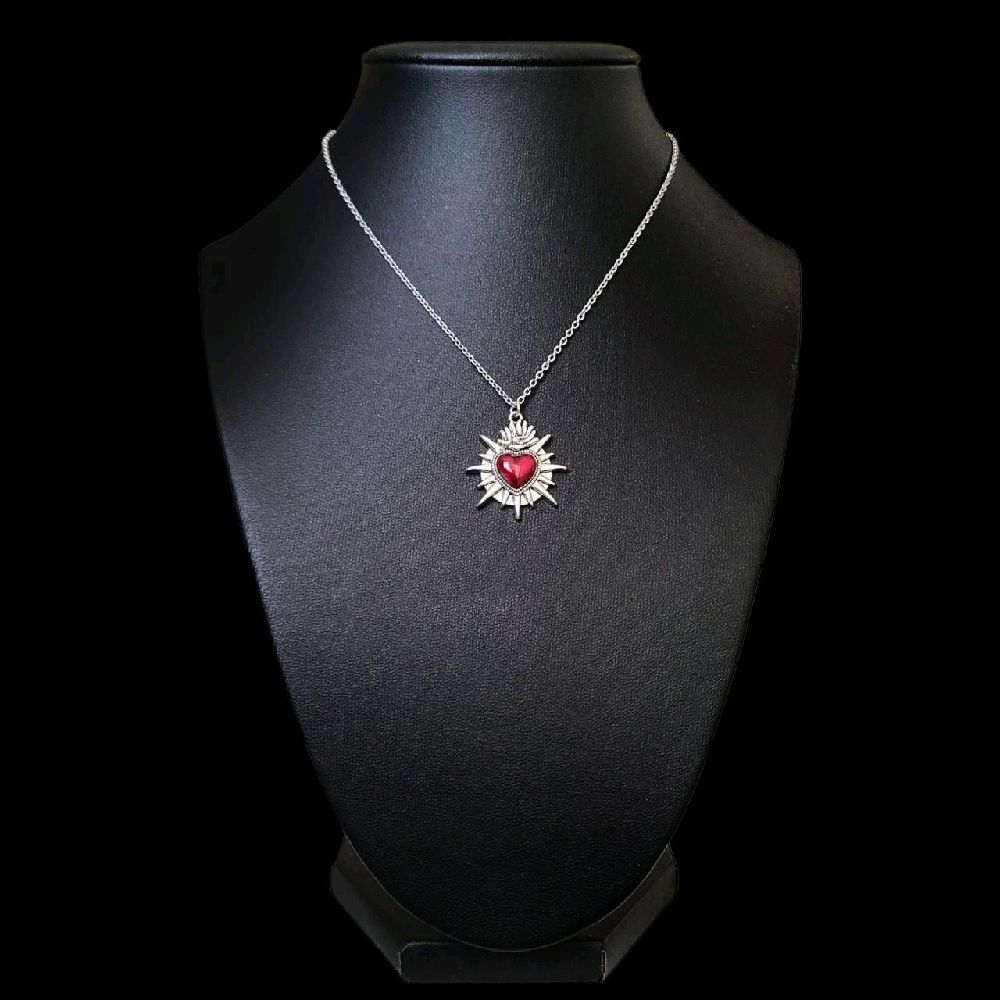 Gothic Silver Red Sacred Heart Necklace