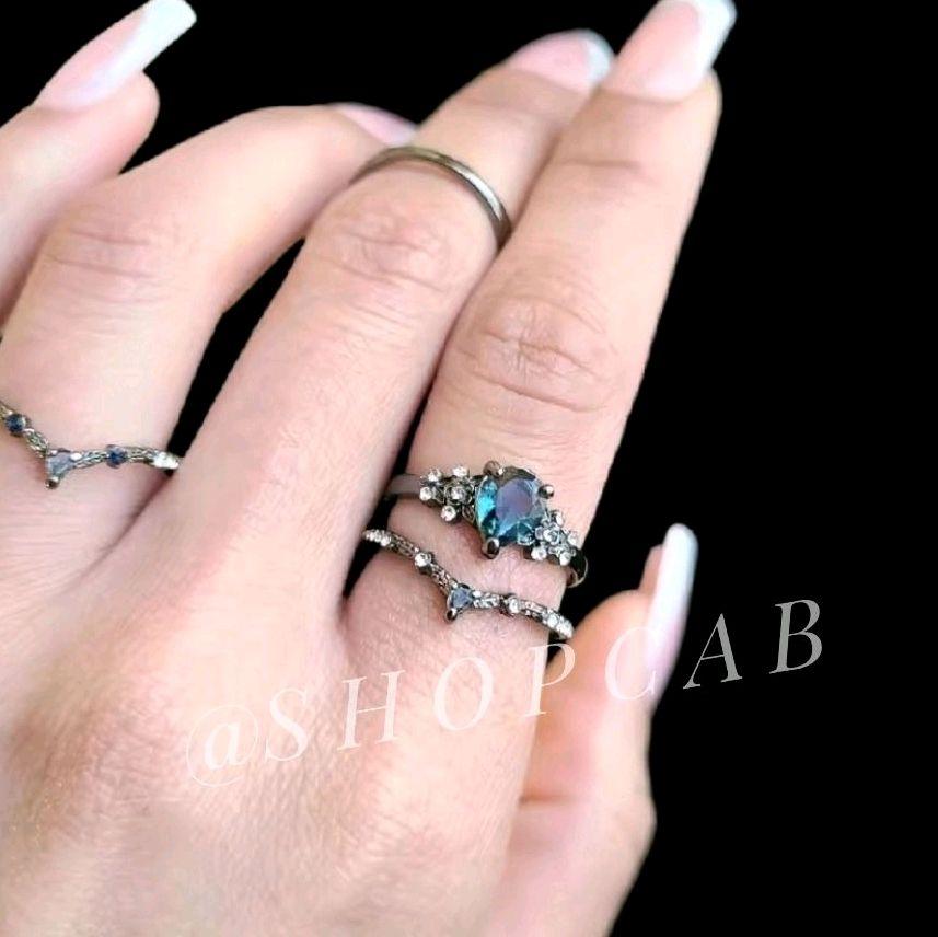 Blue Gothic Gunmetal Ring Stack Set