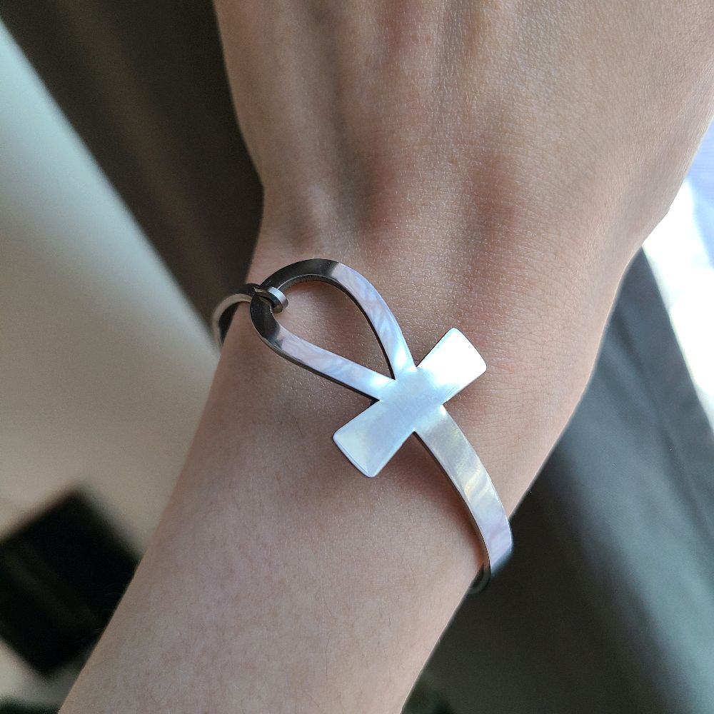 Silver Ankh Bangle Bracelet -Stainless Steel