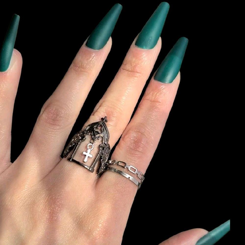 Black Silver Cross Charm Cathedral Ring