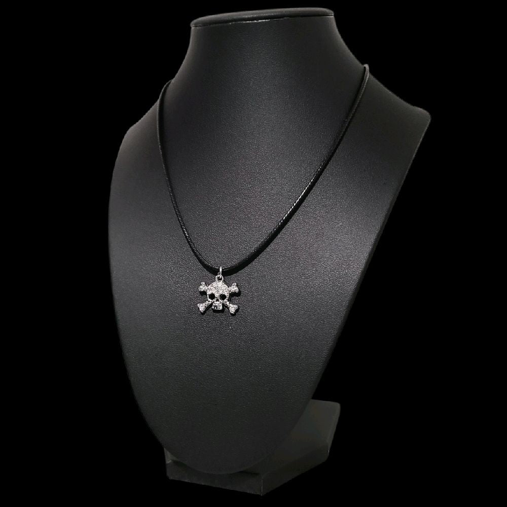 16" Crystal Skull Necklace - Black Cord (Rhinestone Gothic Jewelry)