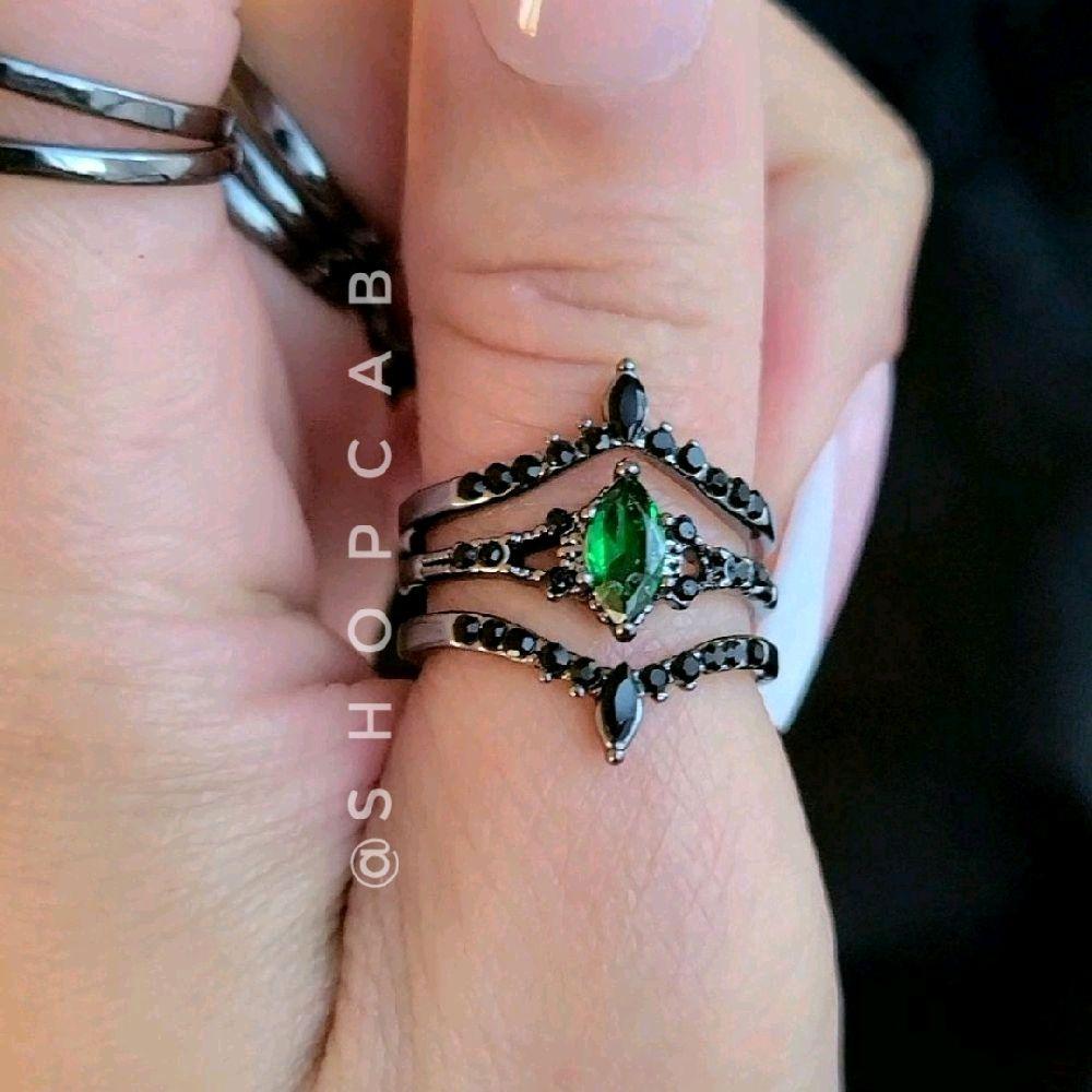 Green Marquise Gunmetal Ring Stack - 3 Piece Set
