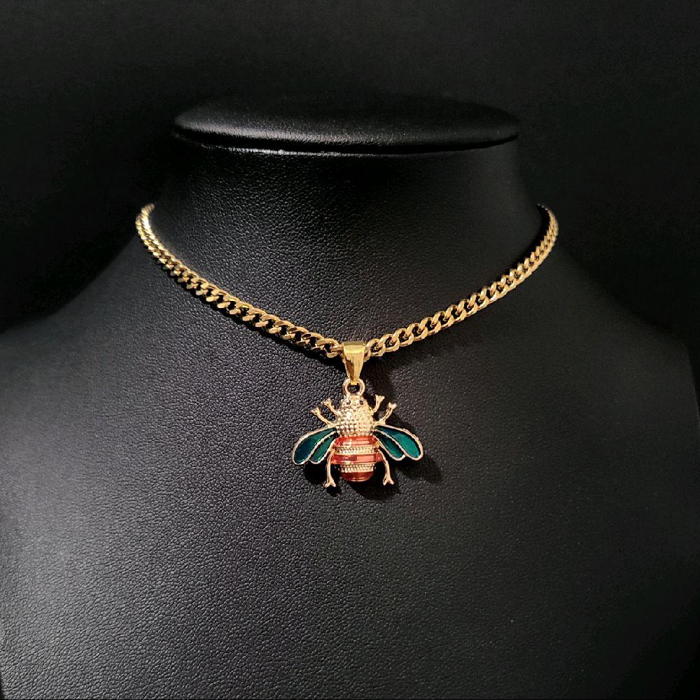 Gold Enamel Bee Pendant Choker Necklace