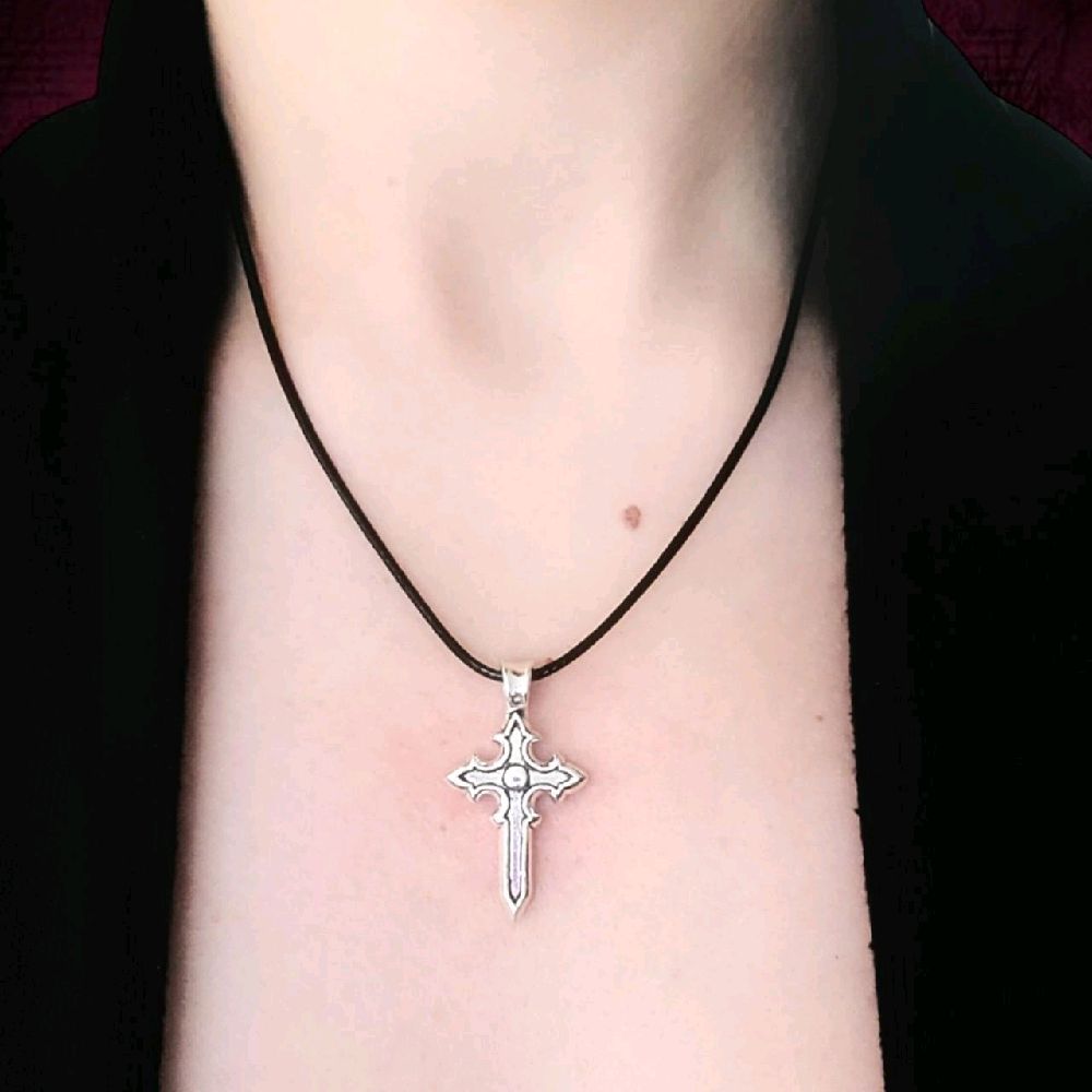 16" Silver Cross Pendant Necklace - Black Cord