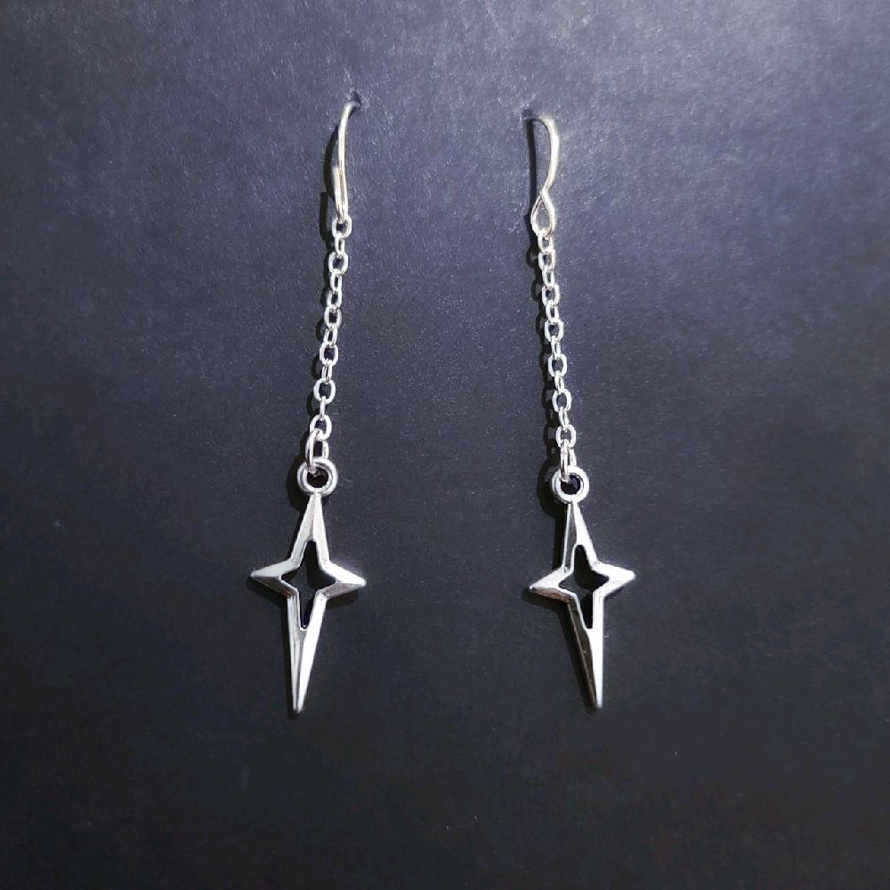 Silver Hollow Starburst Chain Drop Earrings