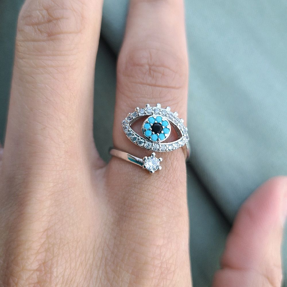 Silver Crystal Evil Eye Ring - Adjustable Size