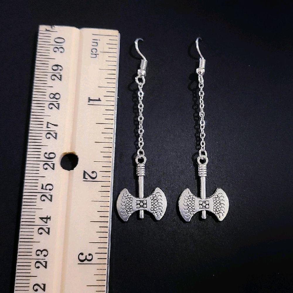 Medieval Battle Ax Chain Drop Earrings - Silver