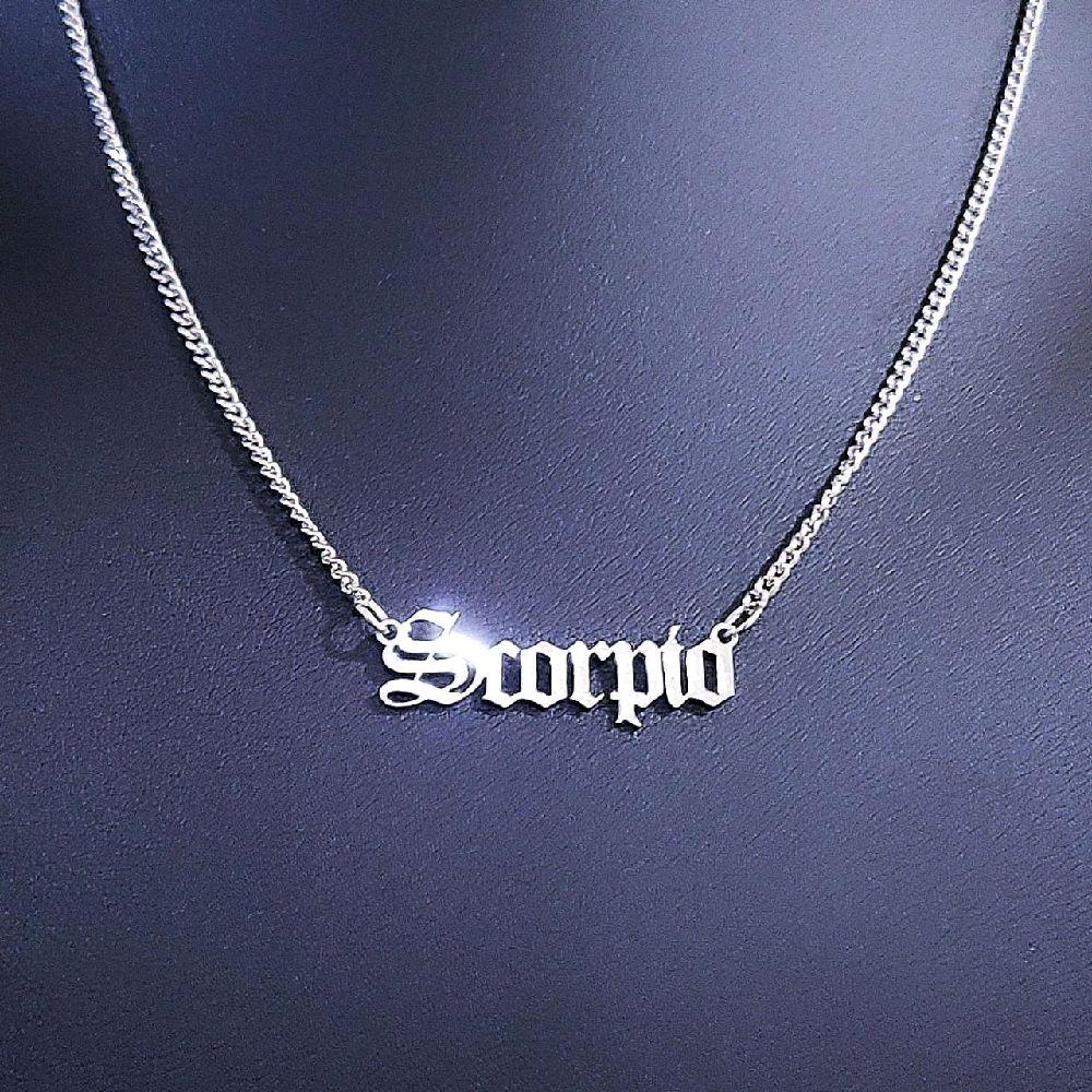 Silver Scorpio Script Necklace - Stainless Steel Zodiac Nameplate