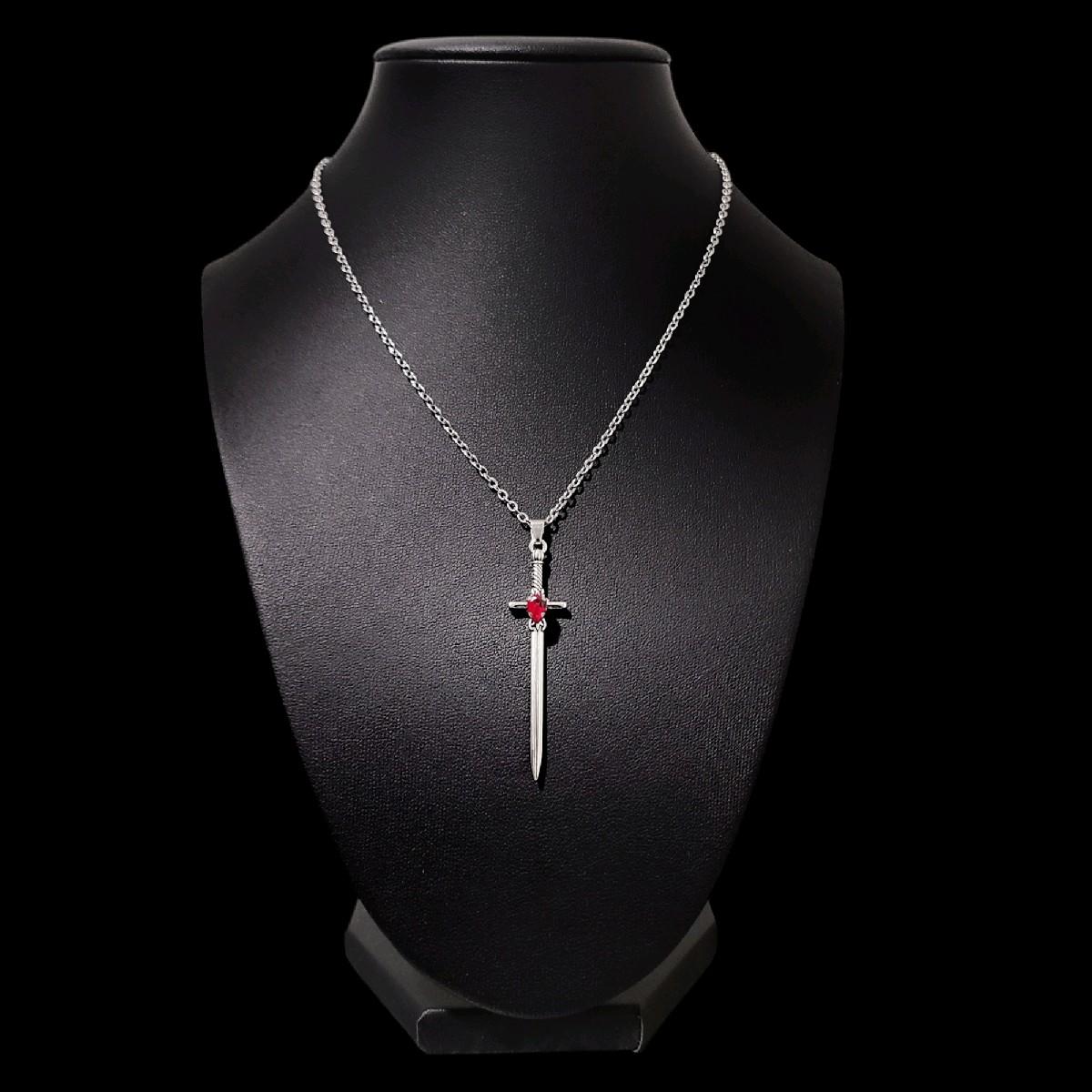 18" Silver Red Crystal Sword Necklace