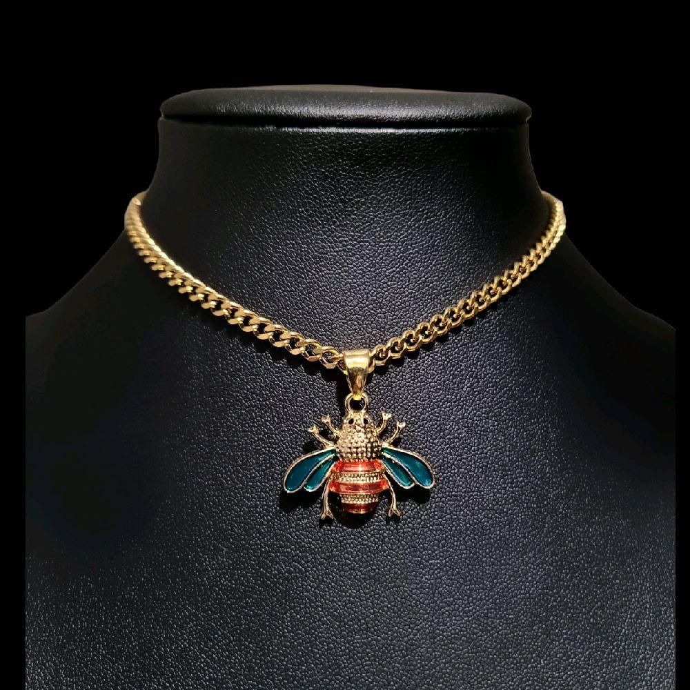 Gold Enamel Bee Pendant Choker Necklace