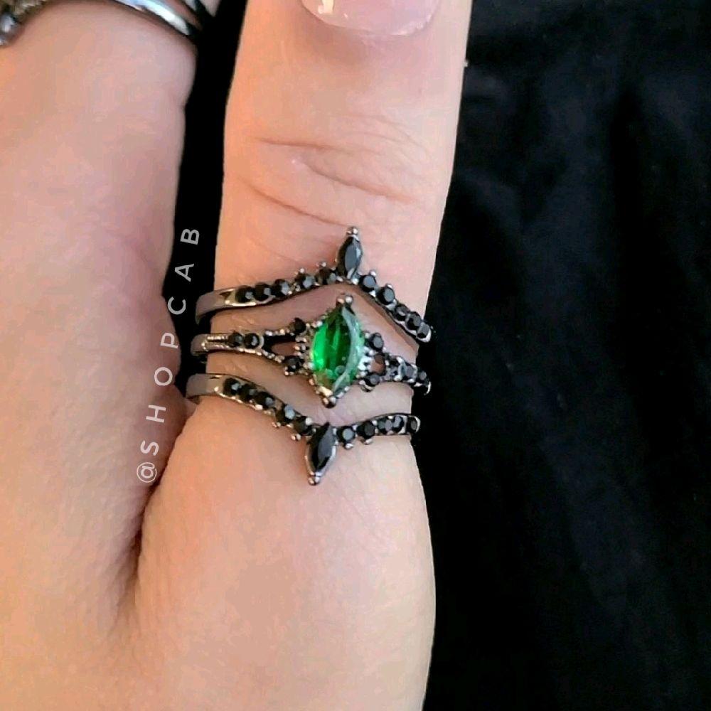 Green Marquise Gunmetal Ring Stack - 3 Piece Set