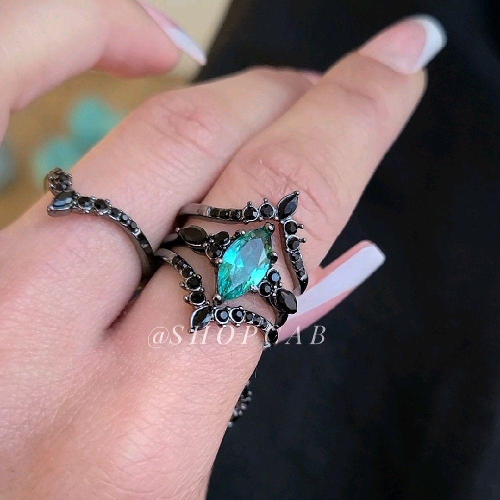 Teal Gothic Marquise Ring Stack Set - Gunmetal (3 Piece Set)