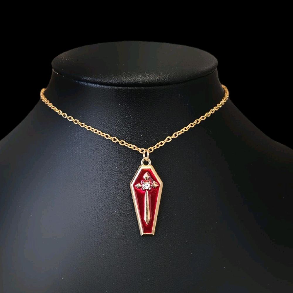 Red Gold Coffin Cross Pendant Necklace