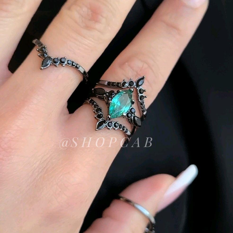 Teal Gothic Marquise Ring Stack Set - Gunmetal (3 Piece Set)