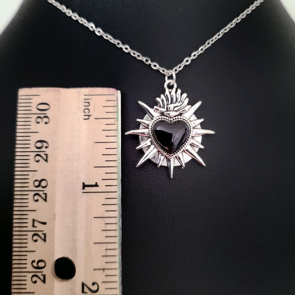 Silver Black Sacred Heart Pendant Necklace