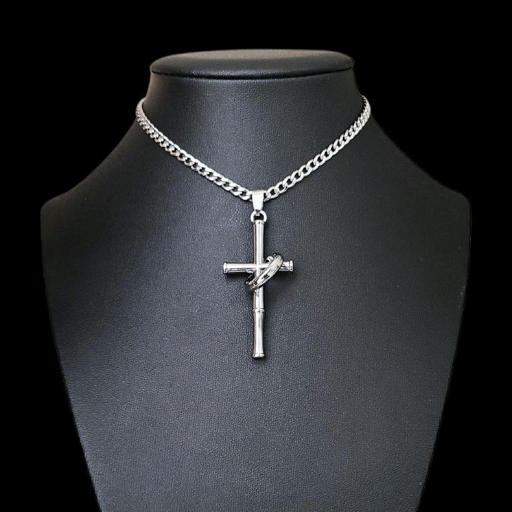 Silver Cross Ring Choker - Stainless Steel Chain