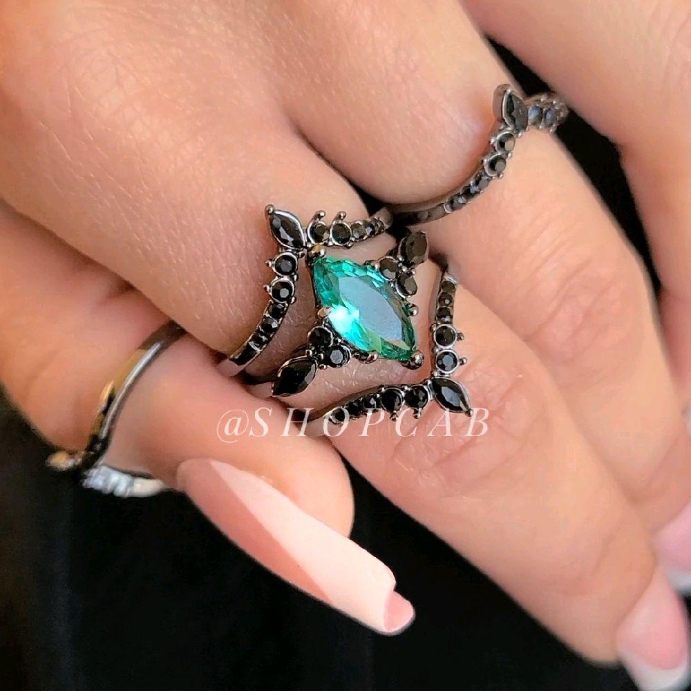 Teal Gothic Marquise Ring Stack Set - Gunmetal (3 Piece Set)