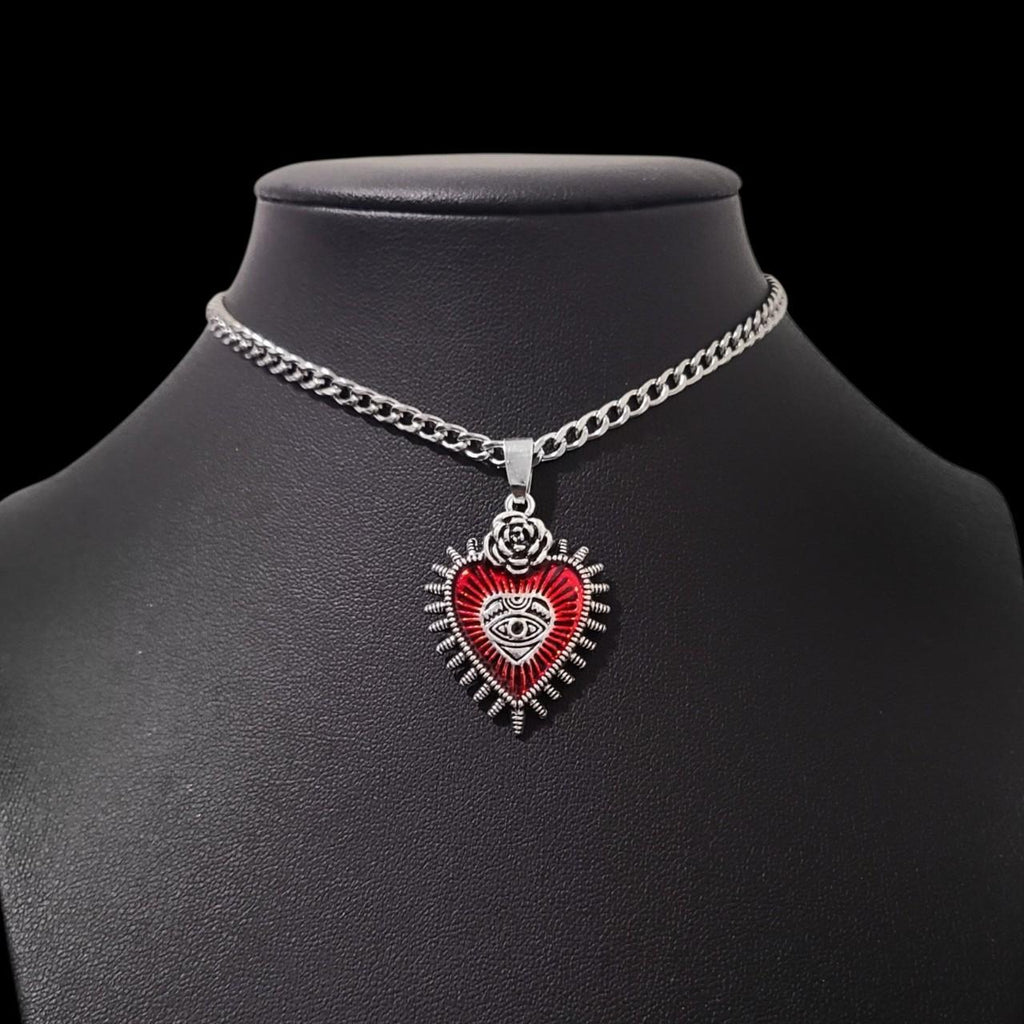 Red Silver Sacred Heart Choker Necklace - Stainless Chain