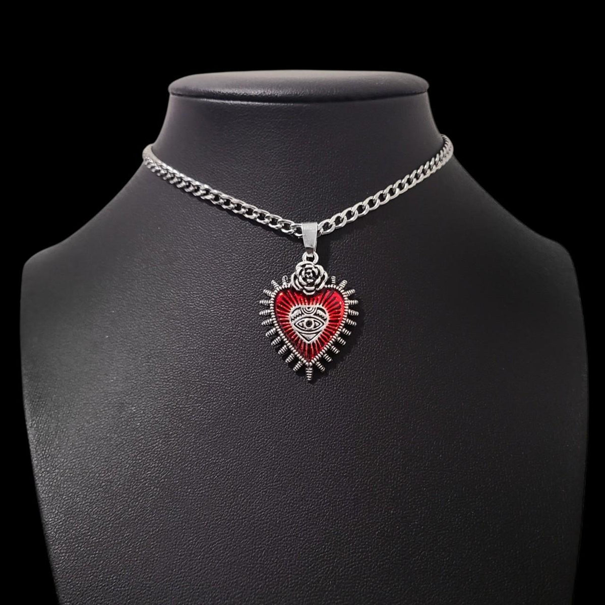 Red Silver Sacred Heart Choker Necklace - Stainless Chain