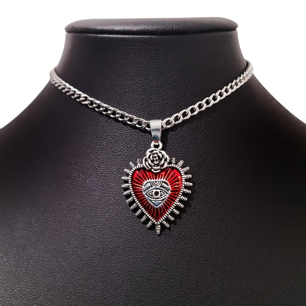 Red Silver Sacred Heart Choker Necklace - Stainless Chain