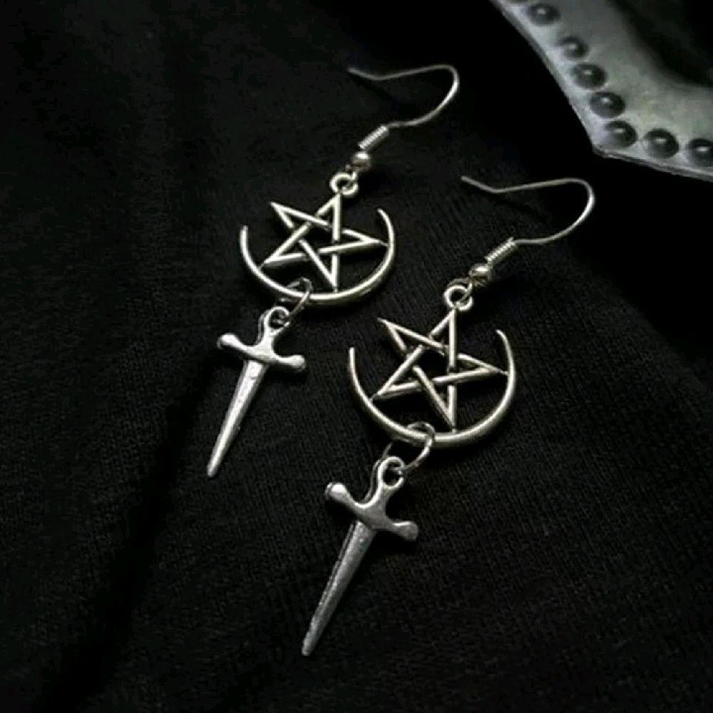 Silver Crescent Moon Star Dagger Earrings